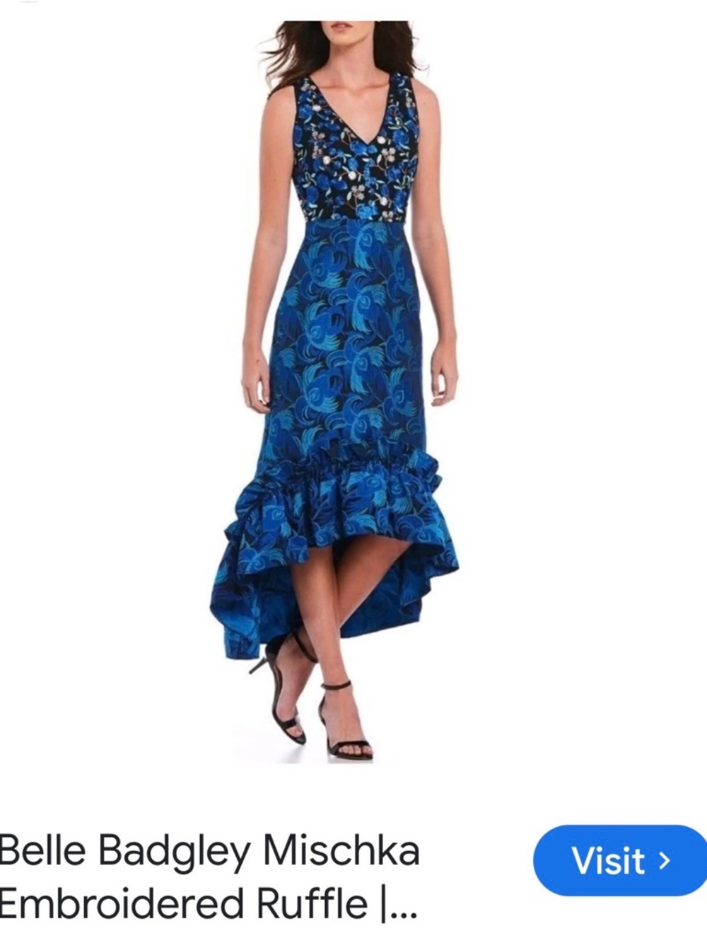 Badgley Mischka Blue Floral Embroidered High-Low Ruffle Dress